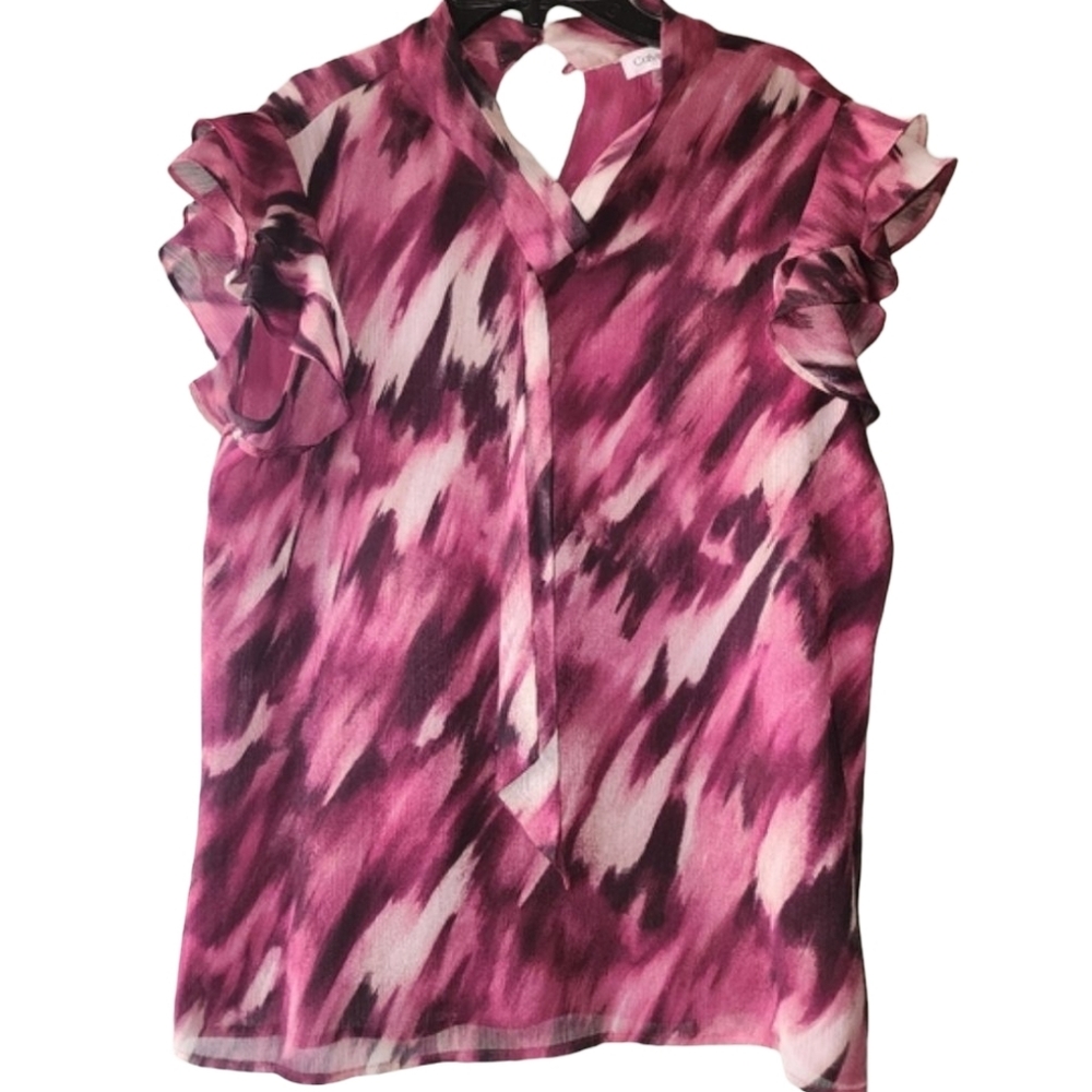CALVIN KLEIN Burgundy Watercolor Chiffon Flutter Sleeve Keyhole Blouse PM